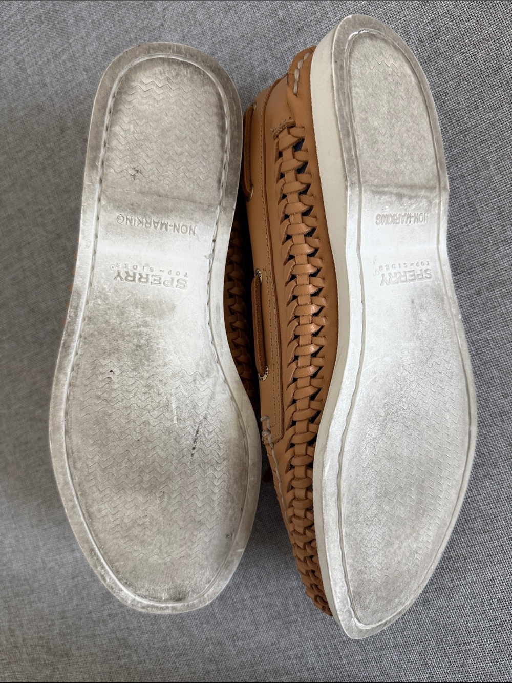 Sperry Women's eye woven boat shoes Tan Woven Leather Loafers with Navy Insole - Picture 6 of 10